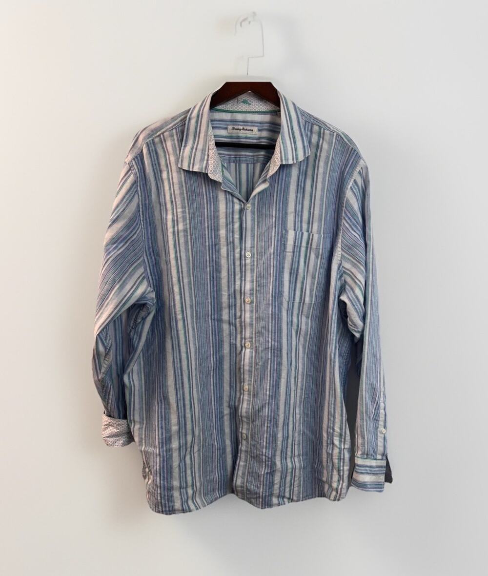 Tommy Bahama Men’s Size XXL Blue/Green stripe Linen Blend L/S Button Up Shirt